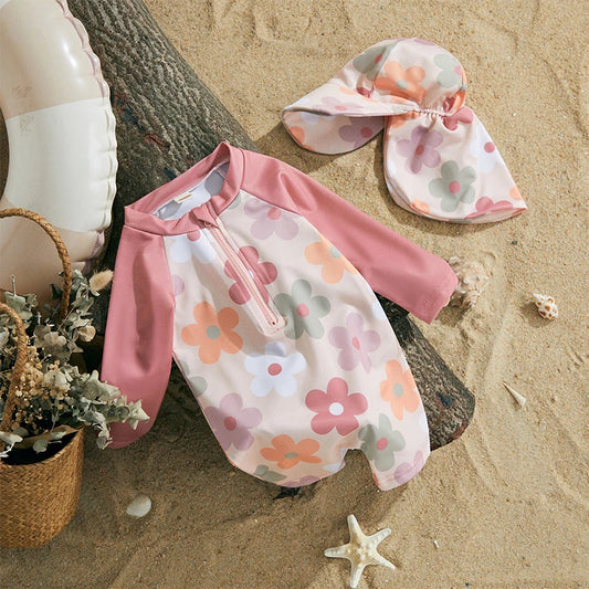 Sunny Days Floral Zip-Up Swimwear & Hat Set