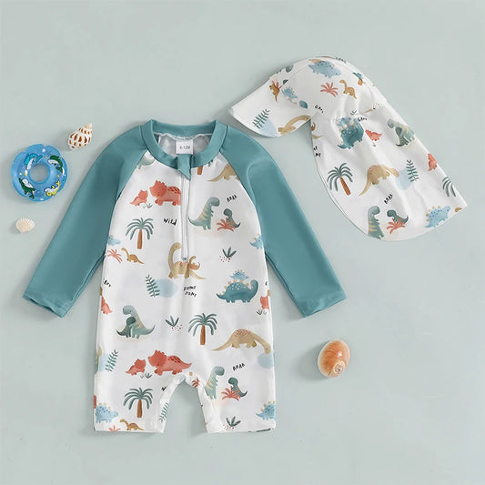 Dino Splash! Baby & Toddler Boys Zip-Up Swimsuit & Swim Cap Set